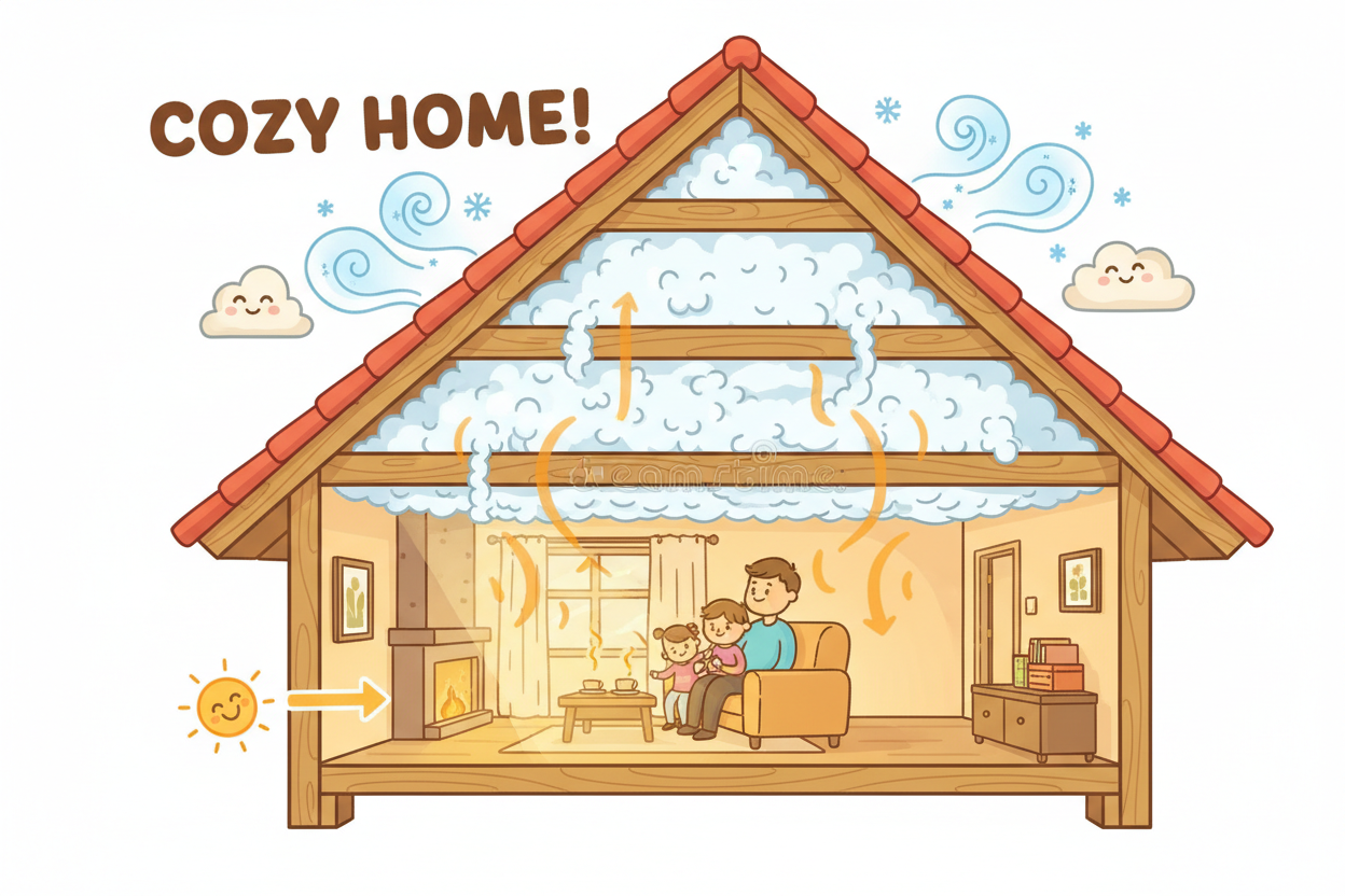 Animated illustration of attic insulation cross-section landscape