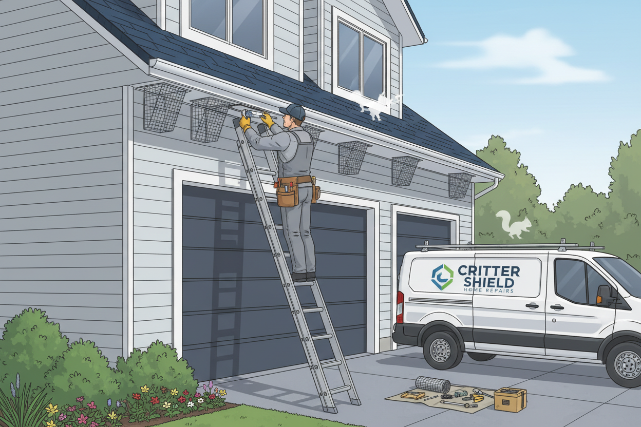 Professional soffit repair and wildlife exclusion work on a home exterior