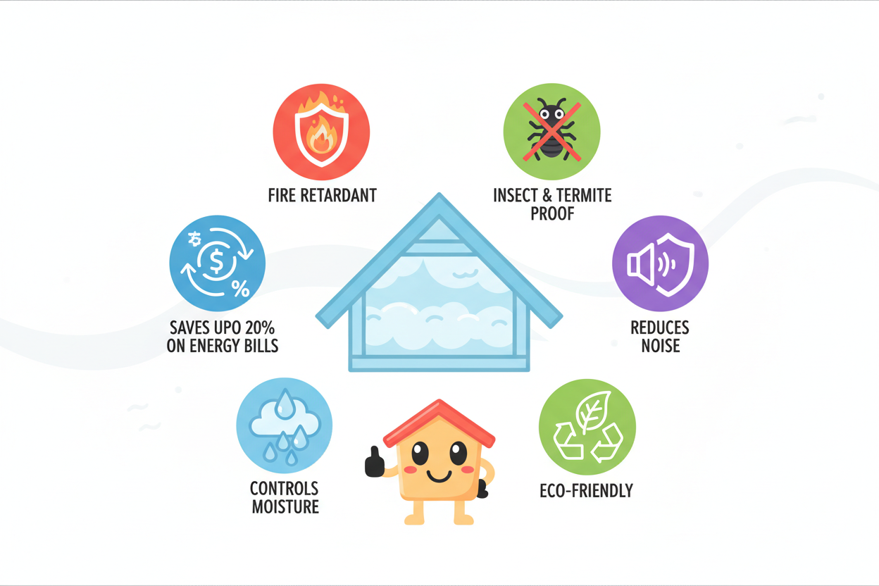 Infographic showing key insulation facts including fire retardant, termite proof, energy savings and more