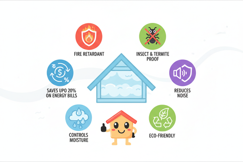 Infographic showing key insulation facts including fire retardant, termite proof, energy savings and more